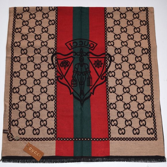 New GUCCI Hysteria Crest Logo Black Beige Reversible Wool Blend Sarf - Picture 3 of 6
